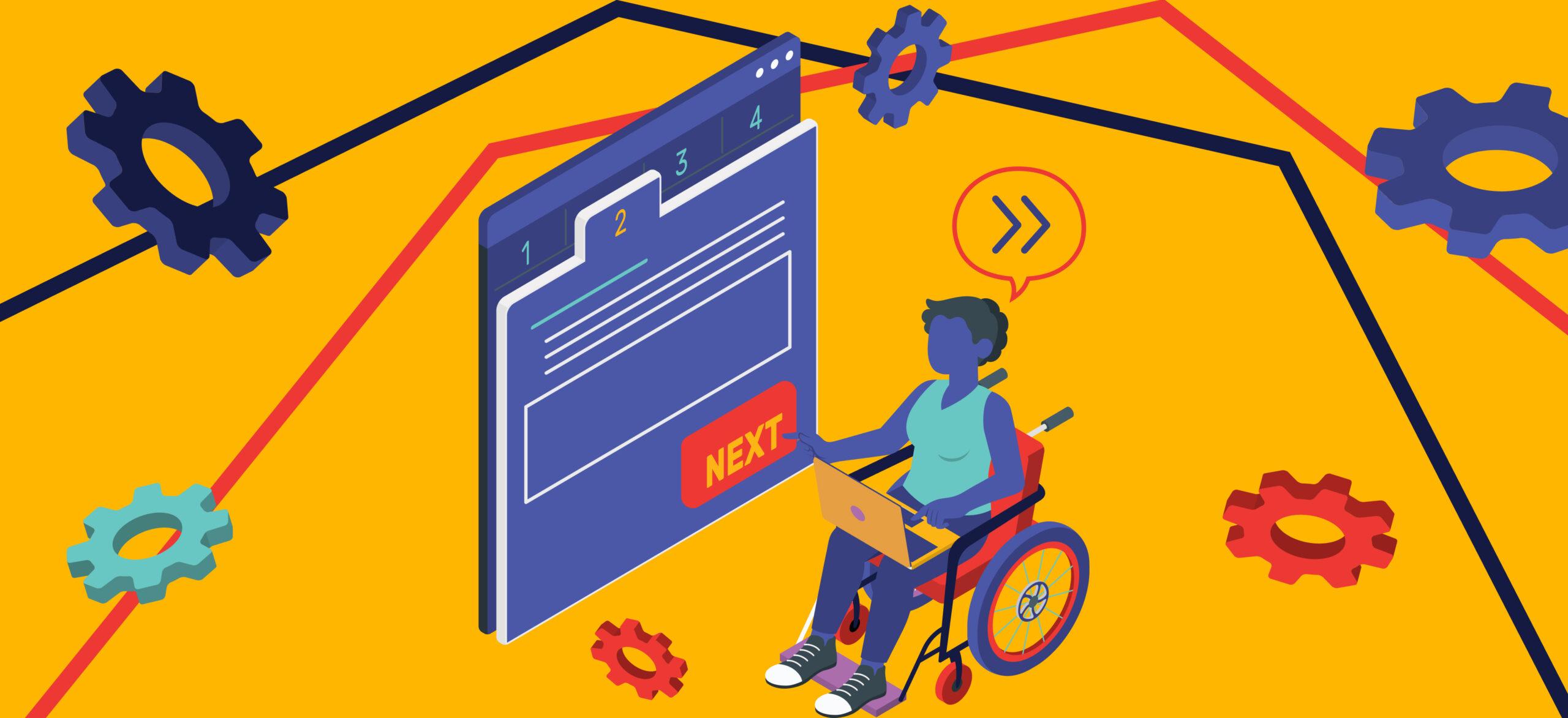 person in a wheelchair looking at a screen