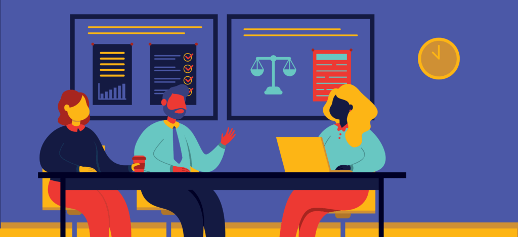 attorney conducting internal debriefing with legal team