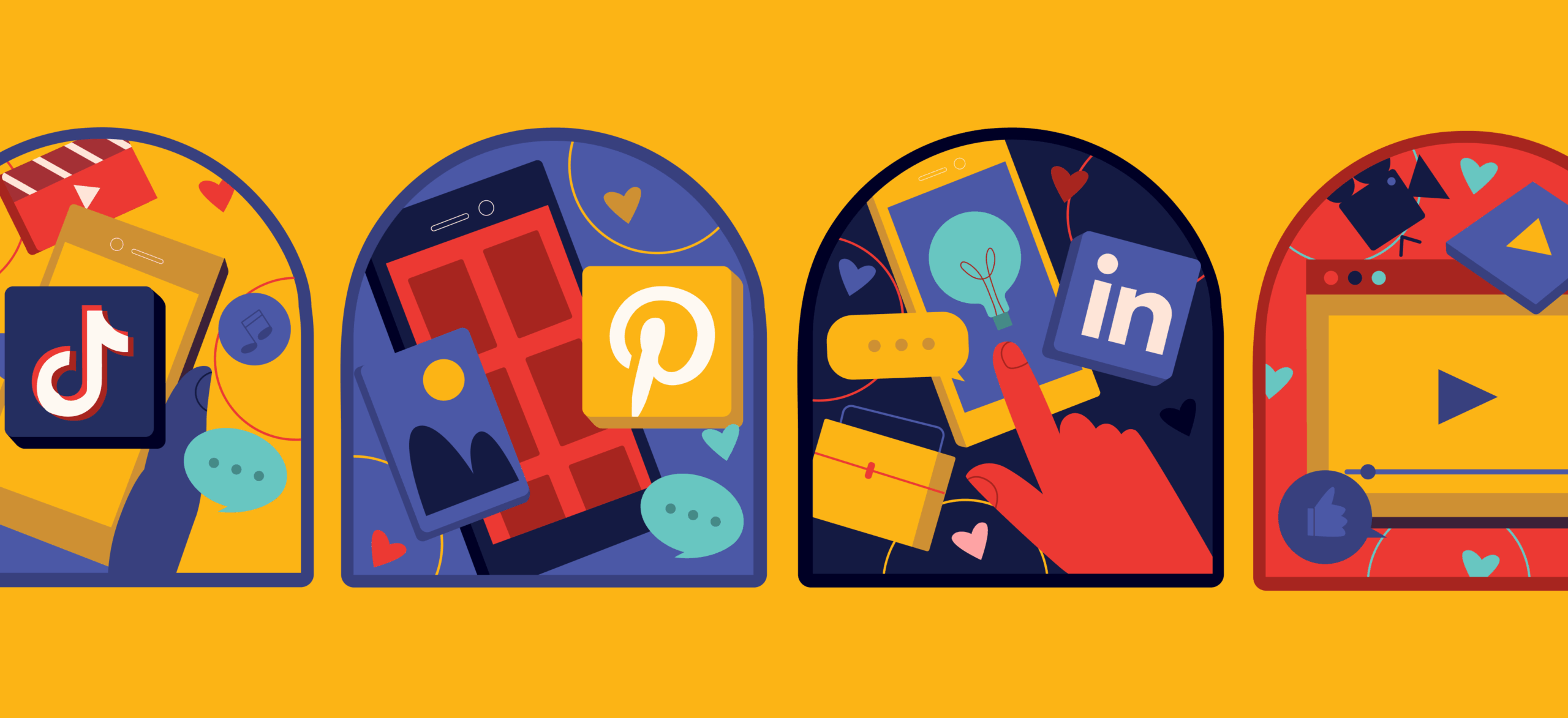 Colorful illustration showing four arches with social media icons for TikTok, Pinterest, LinkedIn, and a video platform, each surrounded by related digital elements like messages, hearts, and images on an orange background.
