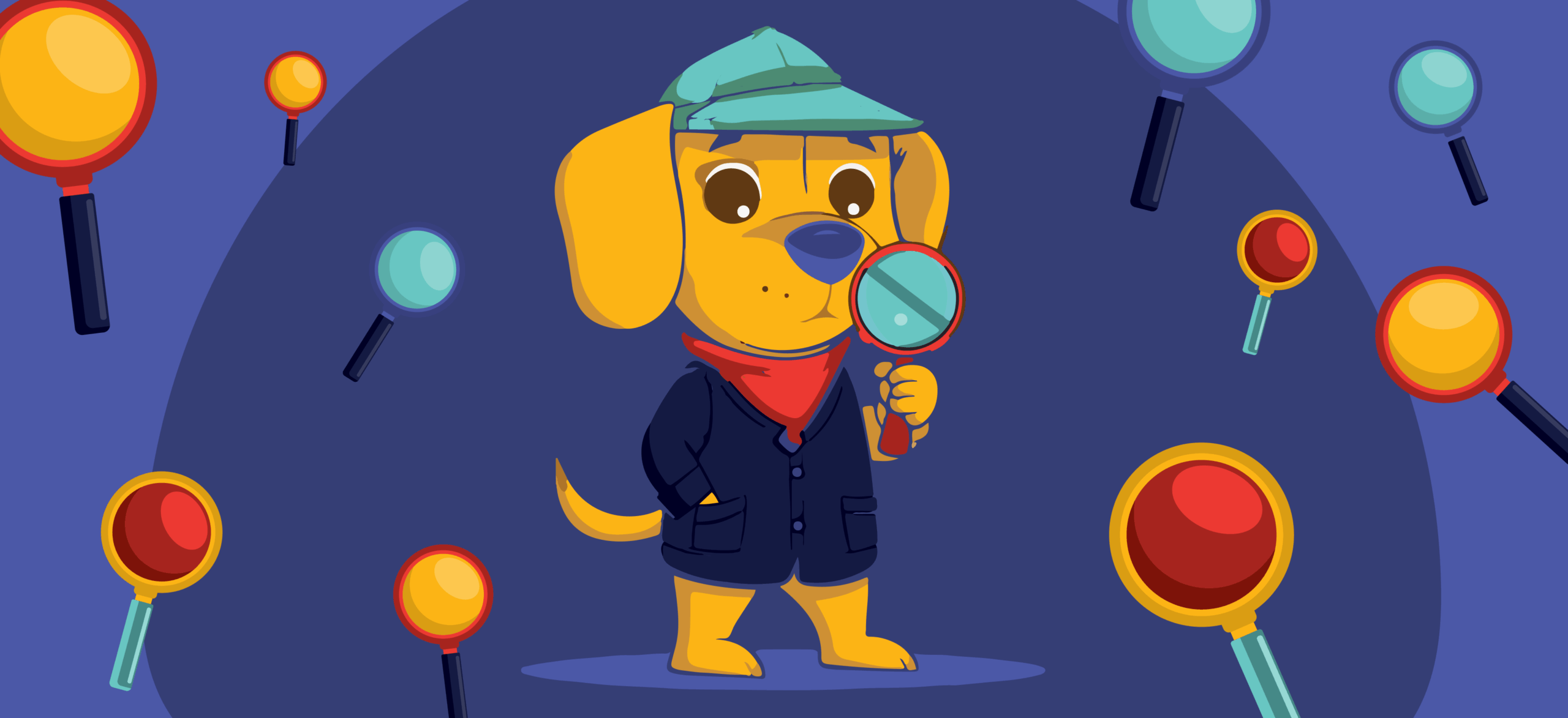 Cartoon dog wearing a green cap, red scarf, and blue coat, holding a magnifying glass, surrounded by floating magnifying glasses on a purple background.